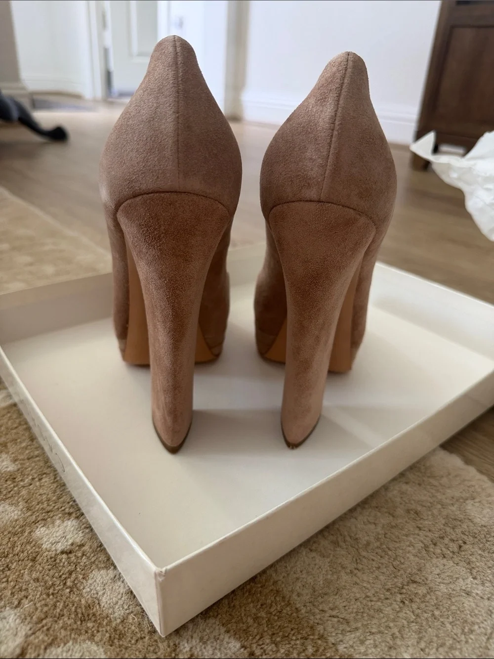 Casadei Taupe Suede Platform Block Heel Pumps